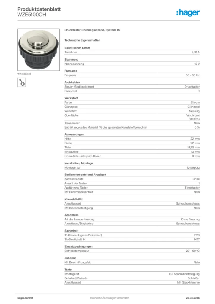 Bild Hager Produktdatenblatt WZE5100CH | Hager Deutschland