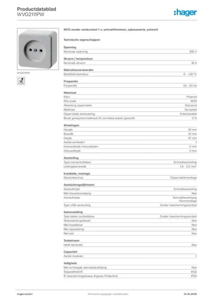 Afbeelding Hager Productdatablad WVG2111PW | Hager Nederland