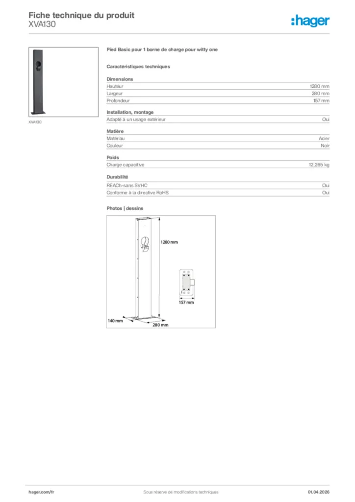 Image Hager Fiche technique du produit XVA130 | Hager France