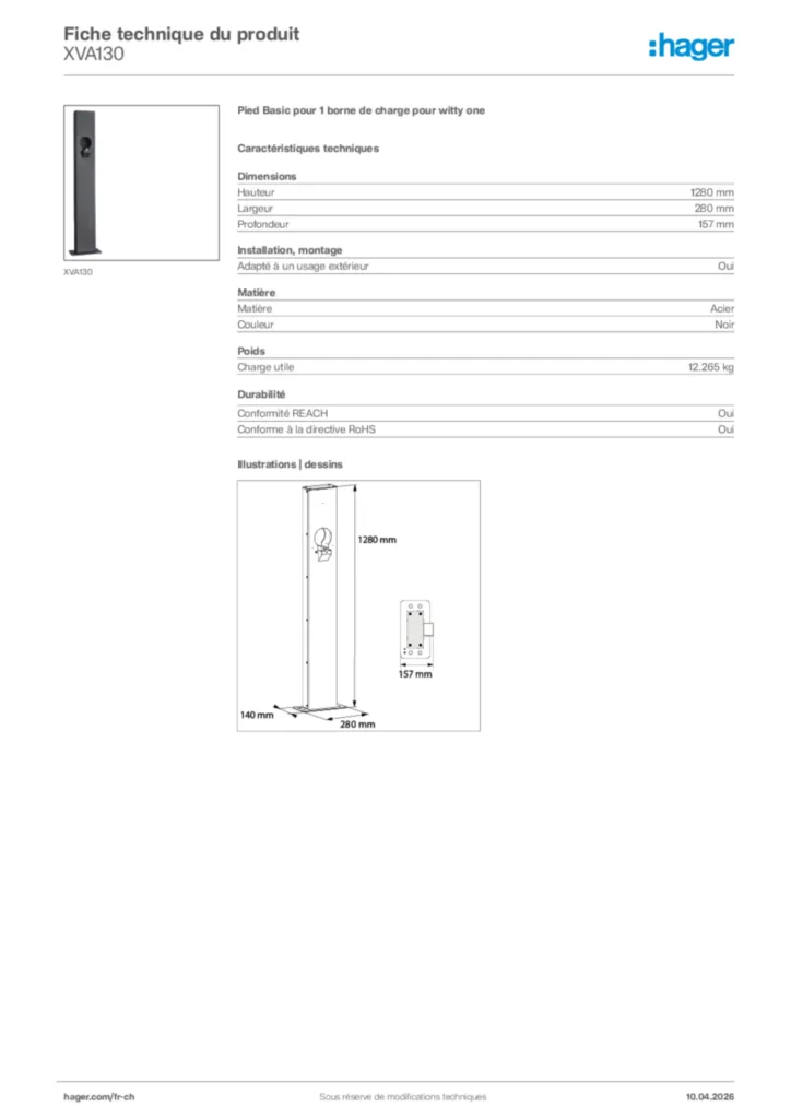 Image Hager Fiche technique du produit XVA130 | Hager Suisse