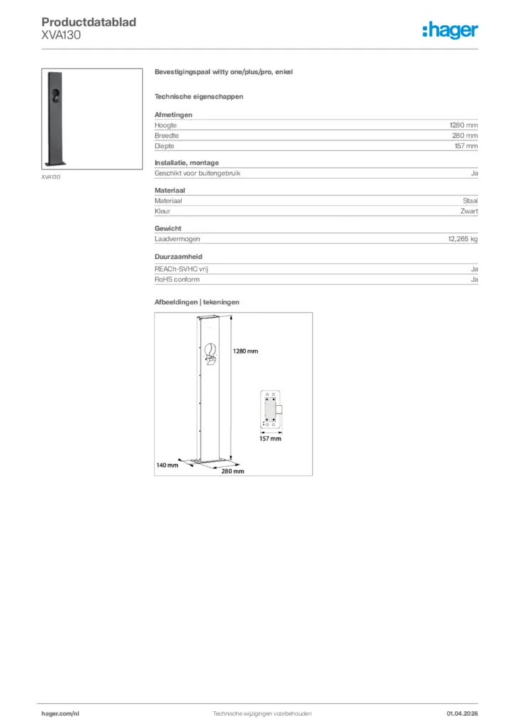 Afbeelding Hager Productdatablad XVA130 | Hager Nederland
