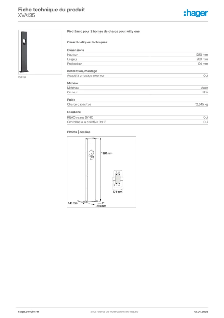 Image Hager Fiche technique du produit XVA135 | Hager Afrique