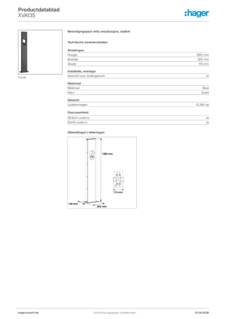 Afbeelding Hager Productdatablad XVA135 | Hager Belgium