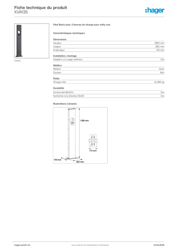 Image Hager Fiche technique du produit XVA135 | Hager Suisse