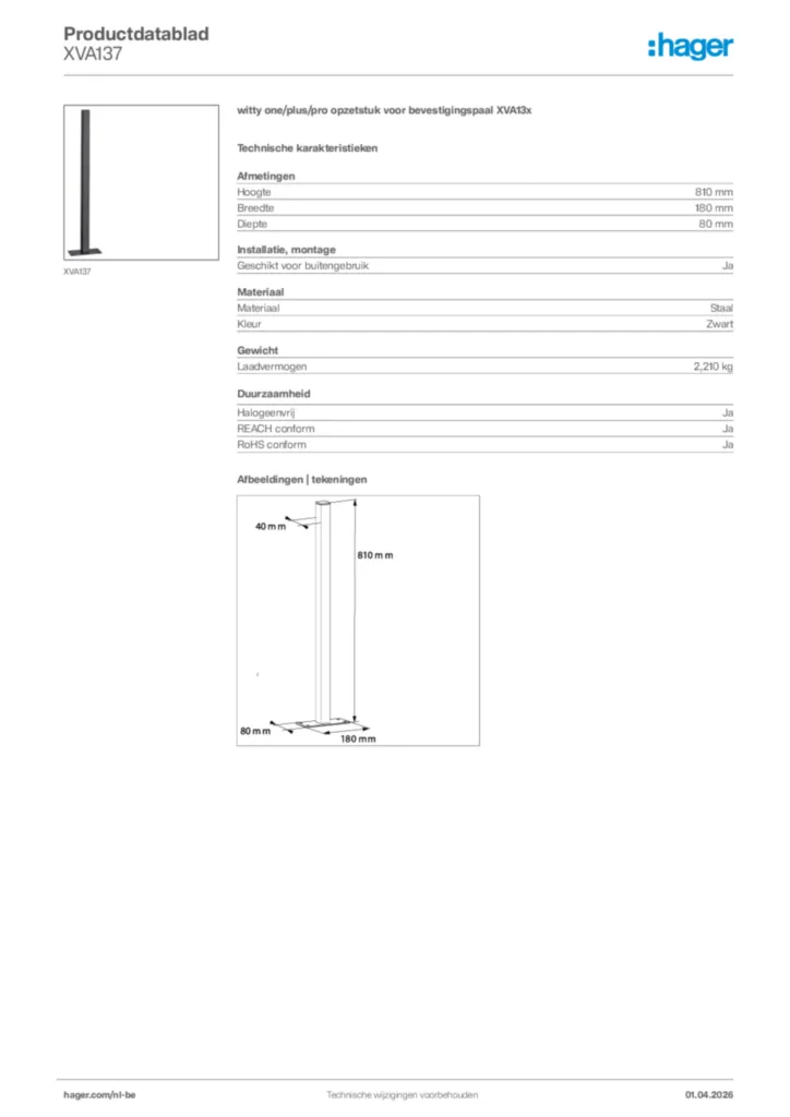 Afbeelding Hager Productdatablad XVA137 | Hager Belgium