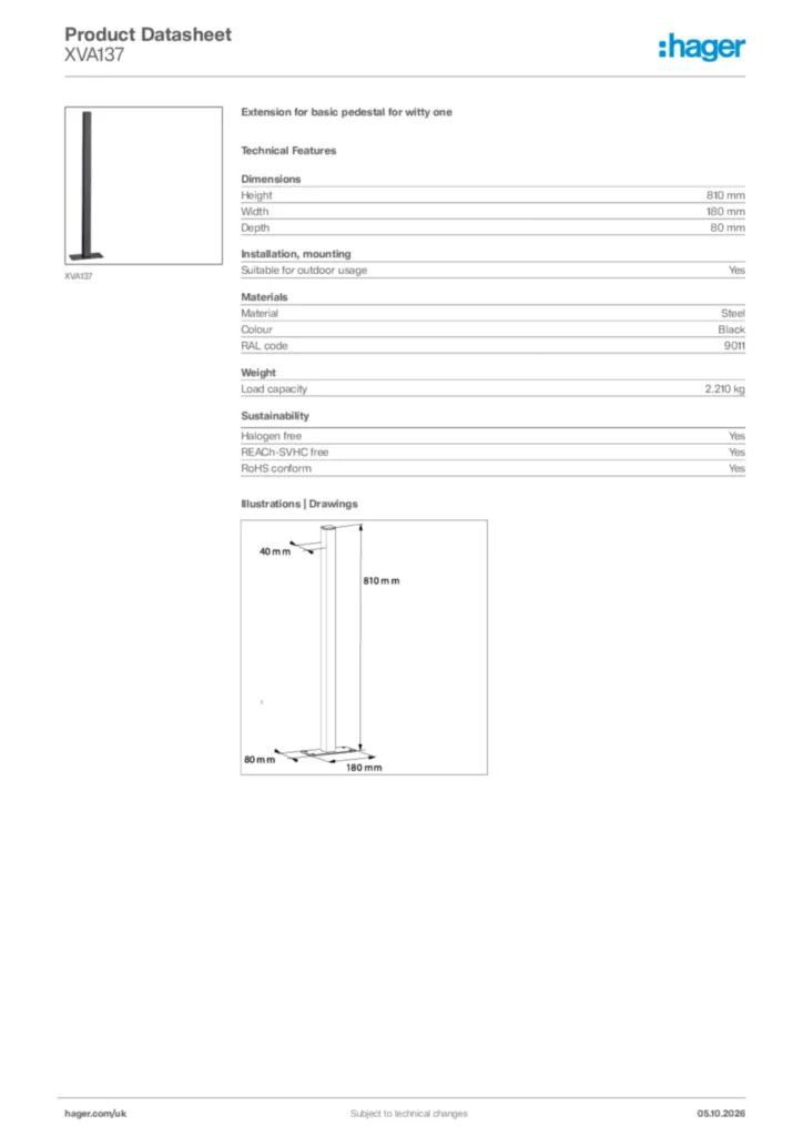 Image Hager Product data sheet XVA137  | Hager