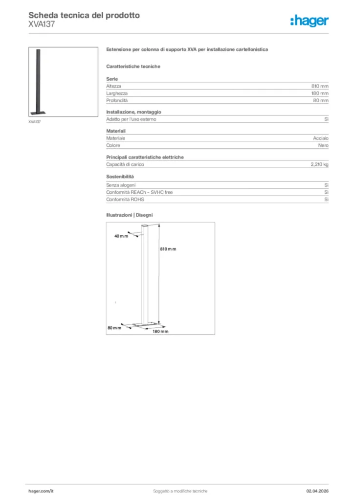 Immagine Hager Scheda tecnica del prodotto XVA137 | Hager Italia
