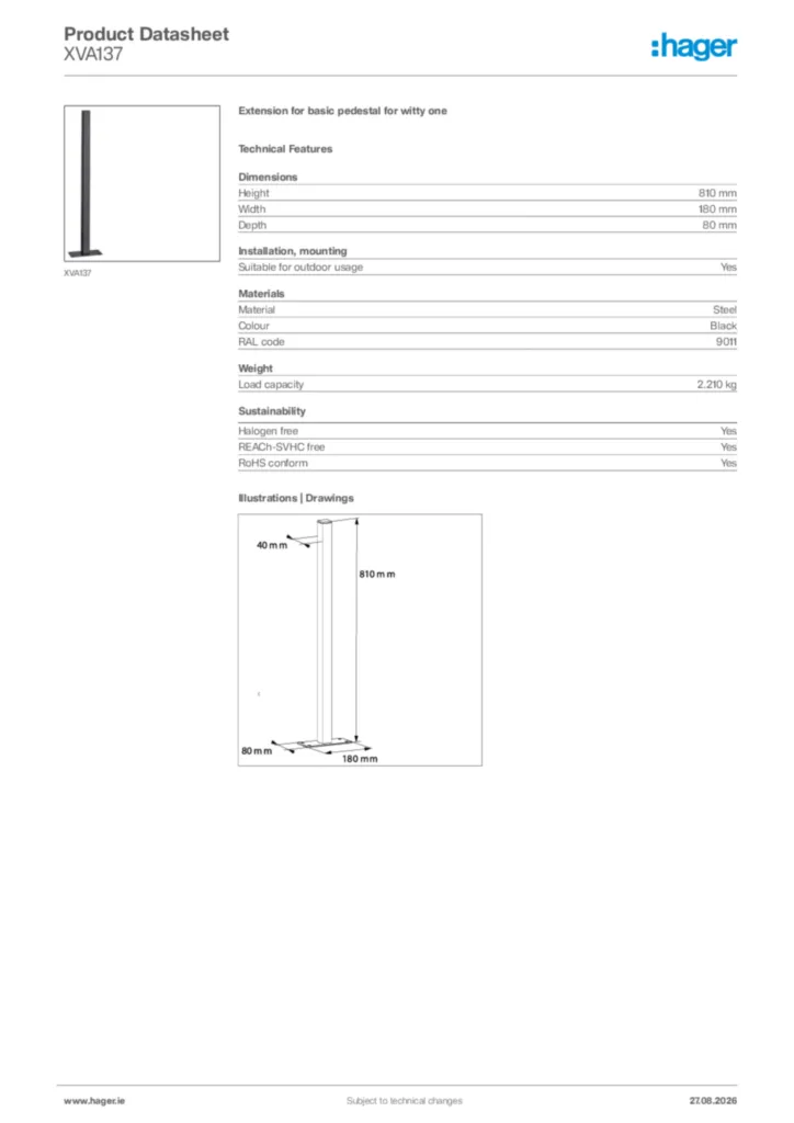 Image Hager Product data sheet XVA137  | Hager