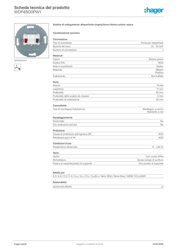 Immagine Hager Scheda tecnica del prodotto WDF4800PW1 | Hager Italia