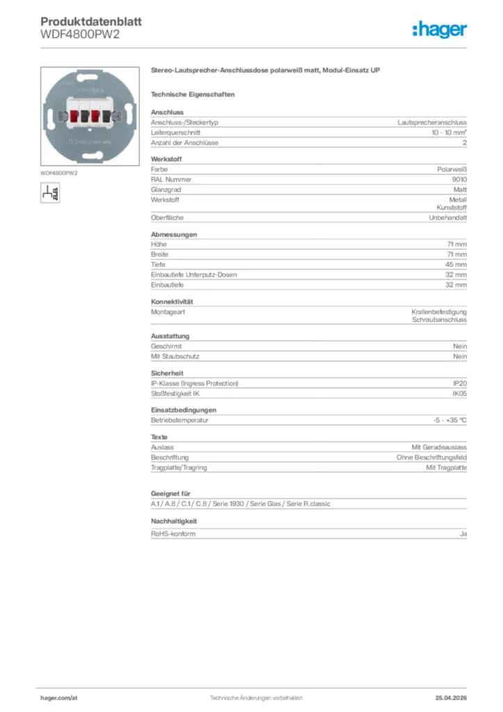 Bild Hager Produktdatenblatt WDF4800PW2 | Hager Deutschland