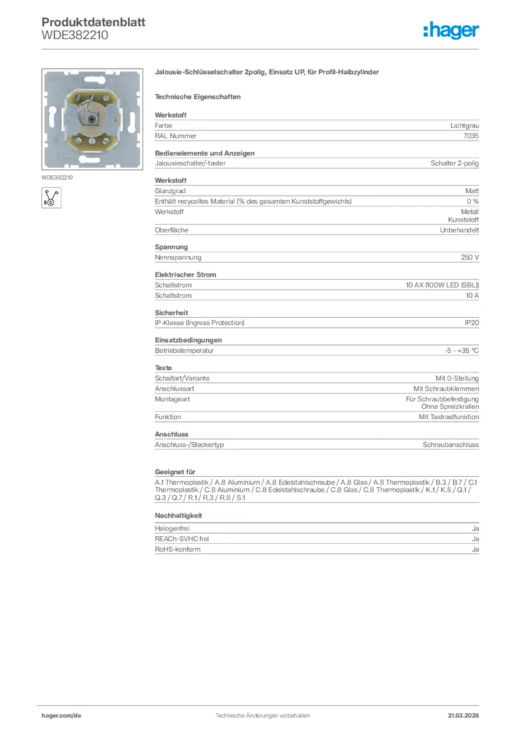 Bild Hager Produktdatenblatt WDE382210 | Hager Deutschland