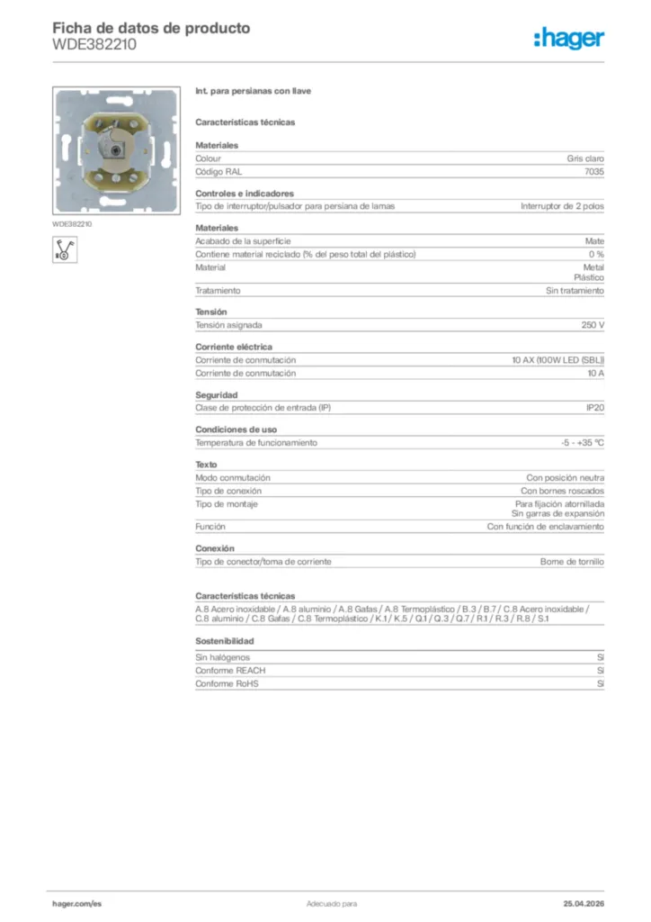 Imagen Hager Ficha de datos de producto WDE382210 | Hager España