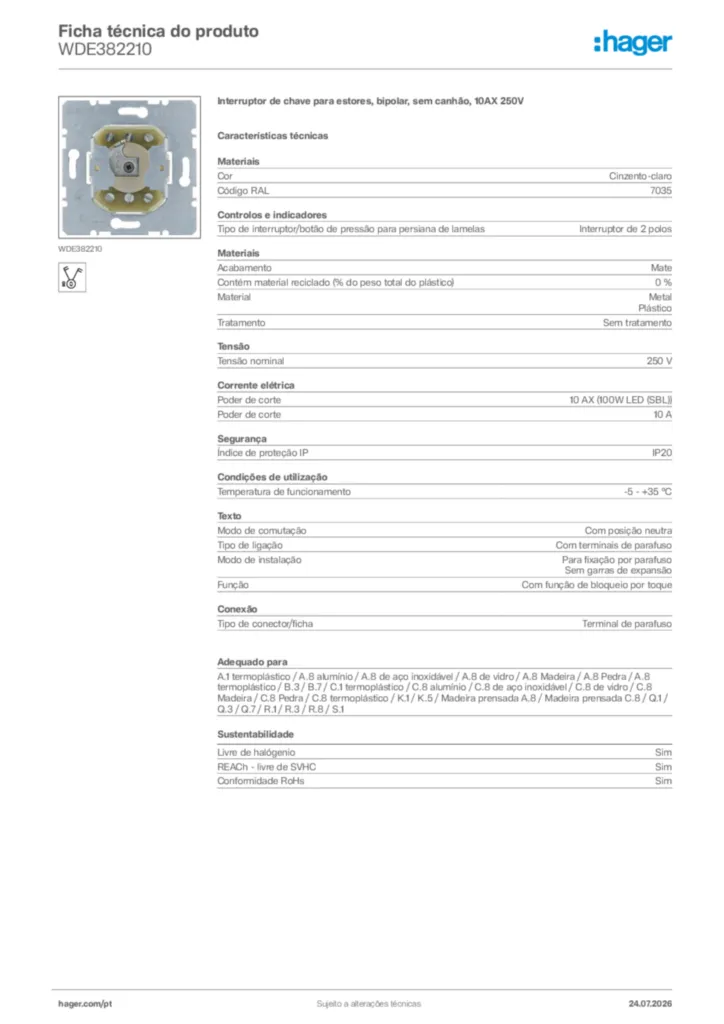 Imagem Hager Ficha técnica do produto WDE382210 | Hager Portugal