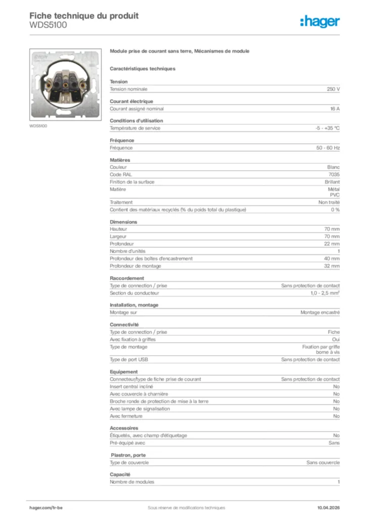 Image Hager Fiche technique du produit WDS5100 | Hager Belgique