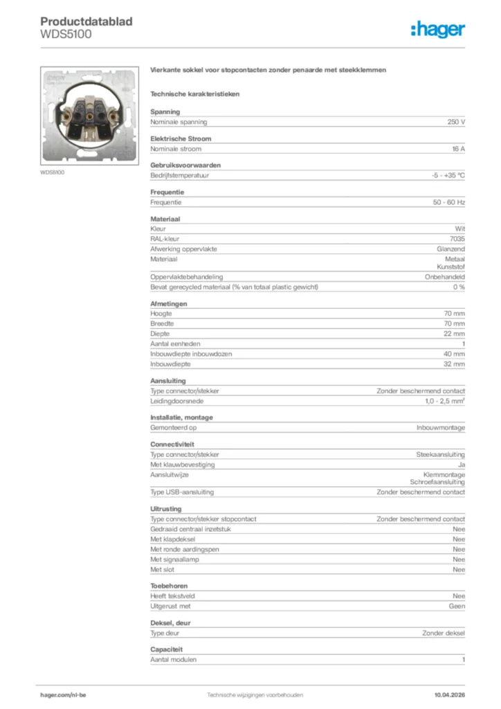 Afbeelding Hager Productdatablad WDS5100 | Hager Belgium