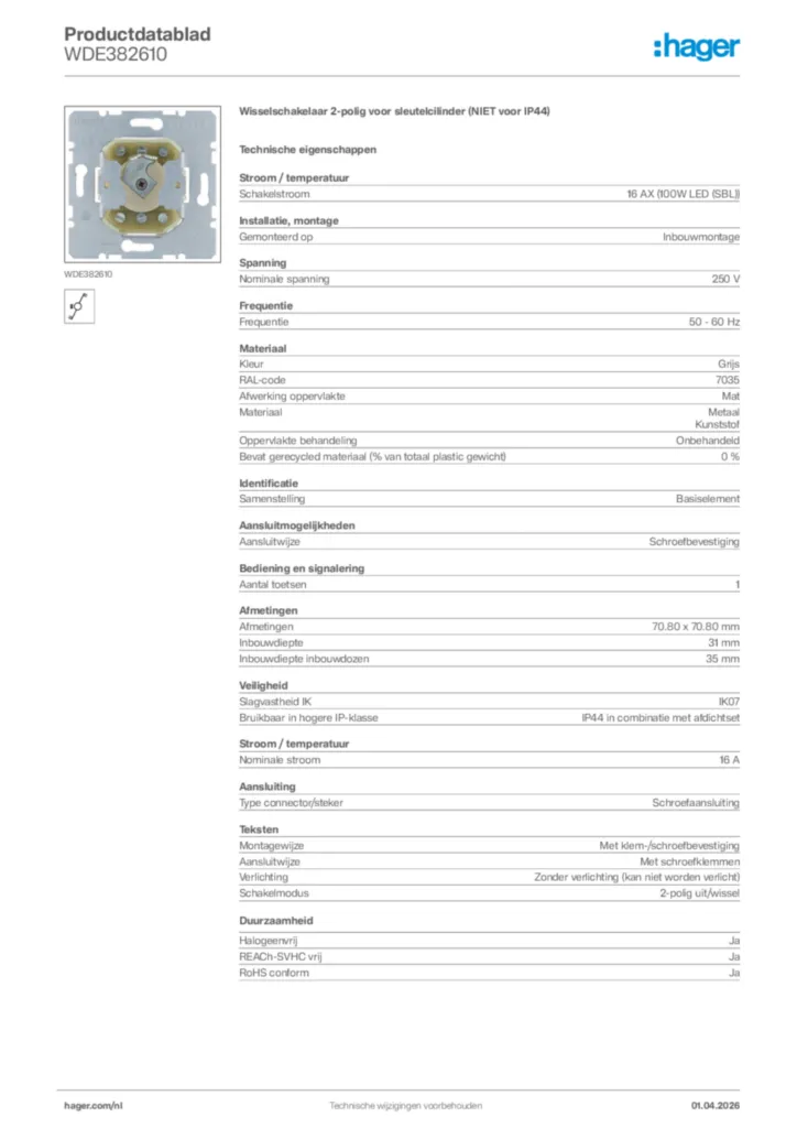 Afbeelding Hager Productdatablad WDE382610 | Hager Nederland