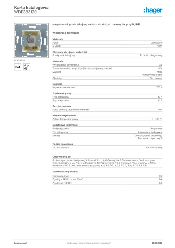 Zdjęcie Hager Karta katalogowa WDE383120 | Hager Polska