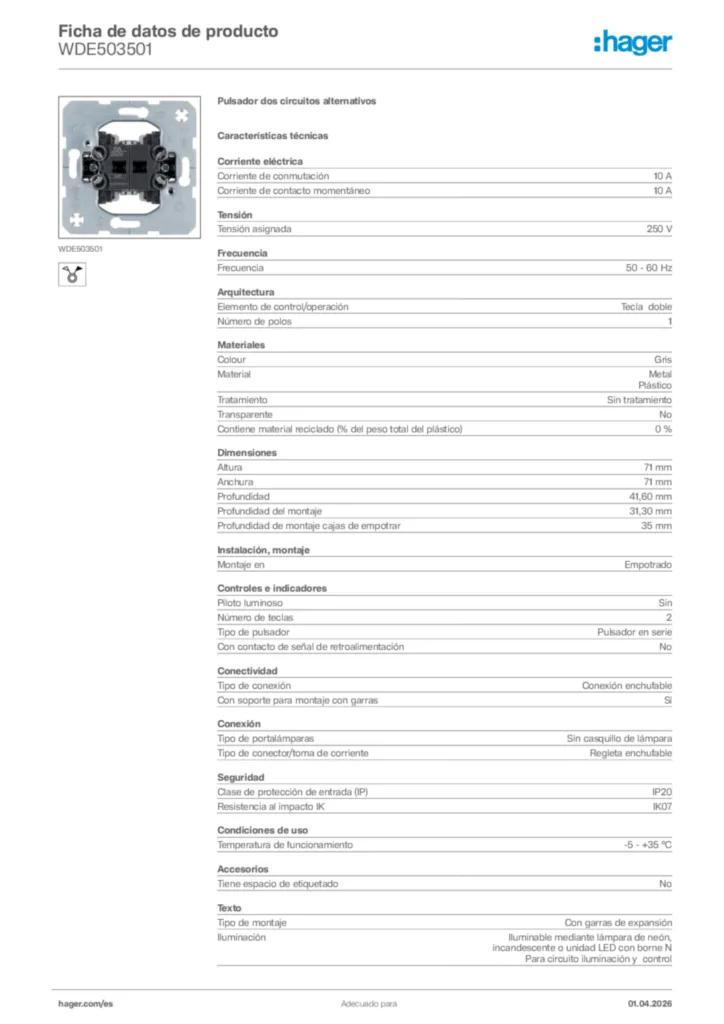 Imagen Hager Ficha de datos de producto WDE503501 | Hager España