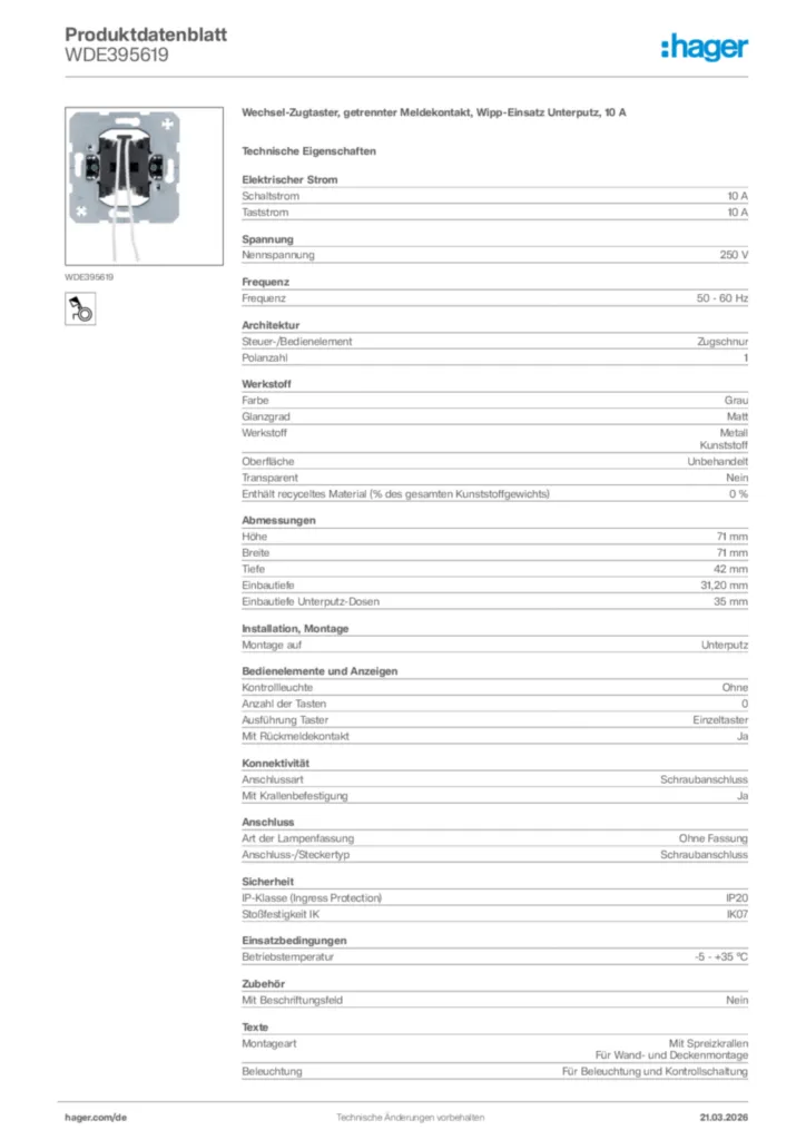 Bild Hager Produktdatenblatt WDE395619 | Hager Deutschland