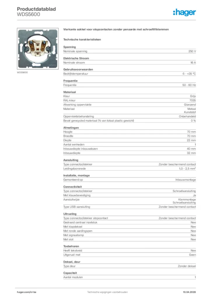 Afbeelding Hager Productdatablad WDS5600 | Hager Belgium