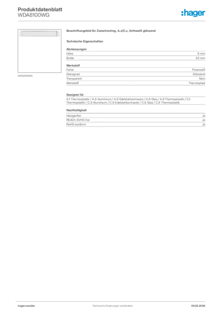 Bild Hager Produktdatenblatt WDA8100WG | Hager Deutschland