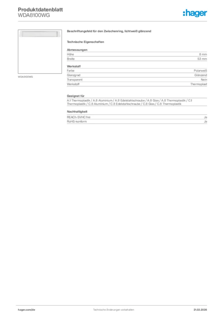 Bild Hager Produktdatenblatt WDA8100WG | Hager Deutschland