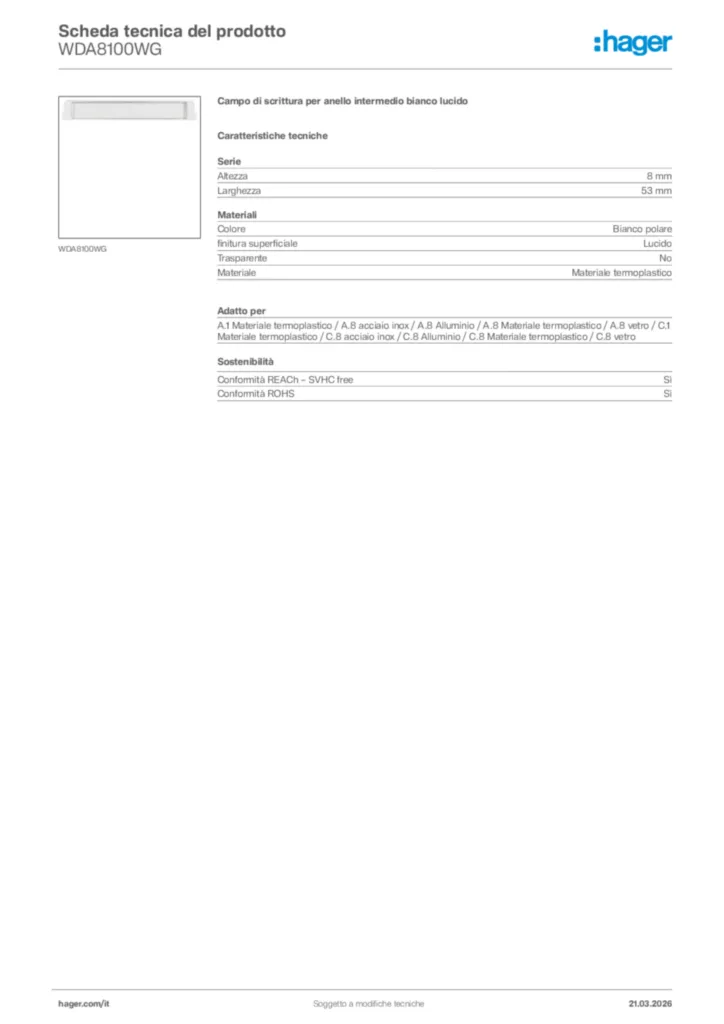 Immagine Hager Scheda tecnica del prodotto WDA8100WG | Hager Italia