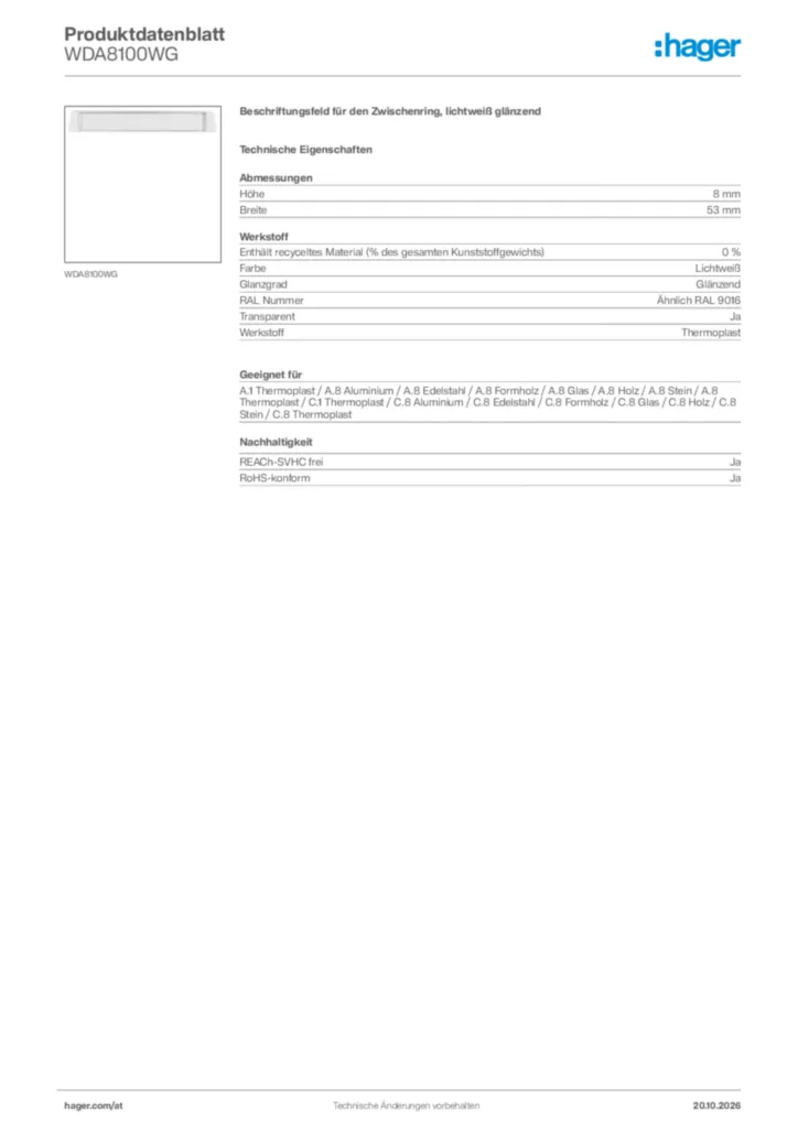 Bild Hager Produktdatenblatt WDA8100WG | Hager Deutschland