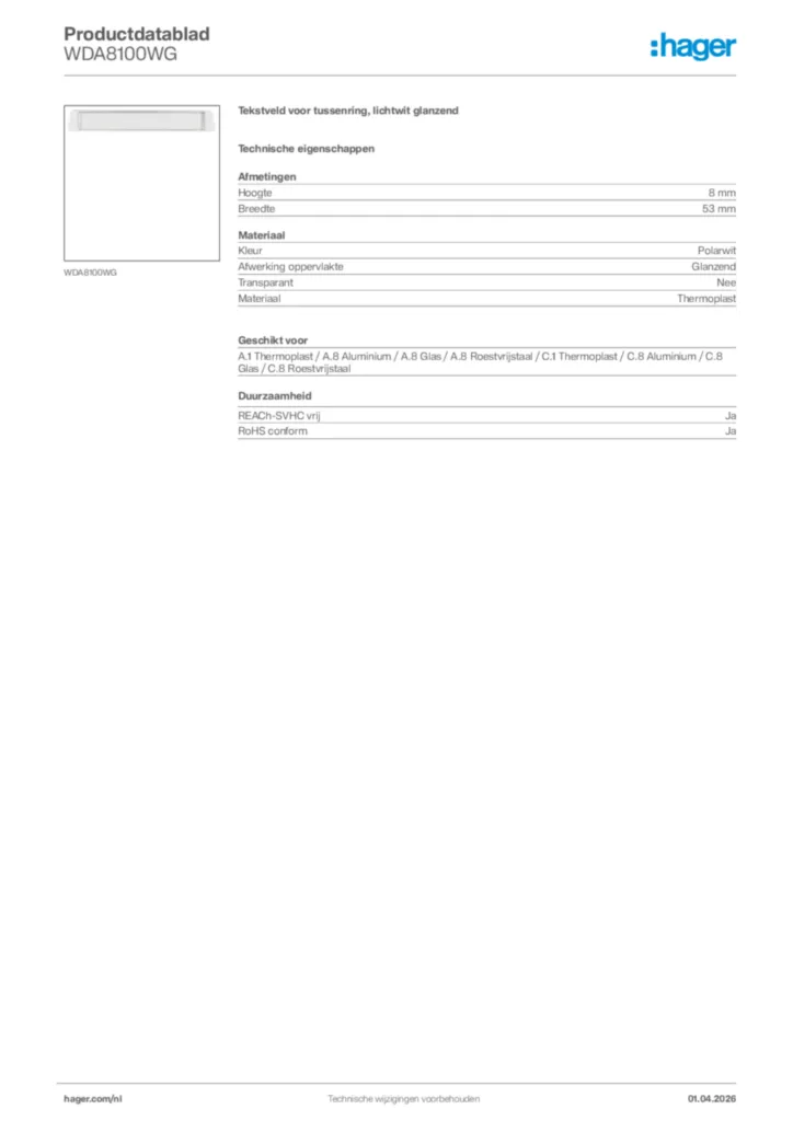 Afbeelding Hager Productdatablad WDA8100WG | Hager Nederland