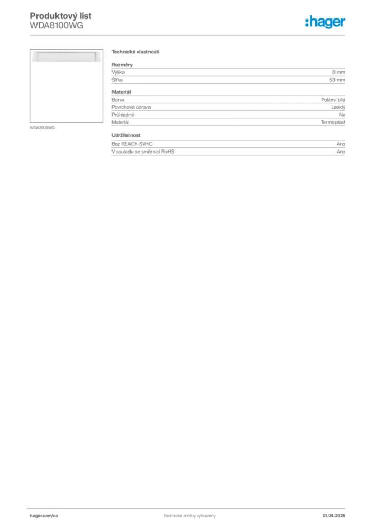 Obrázek Hager Product data sheet WDA8100WG | Hager
