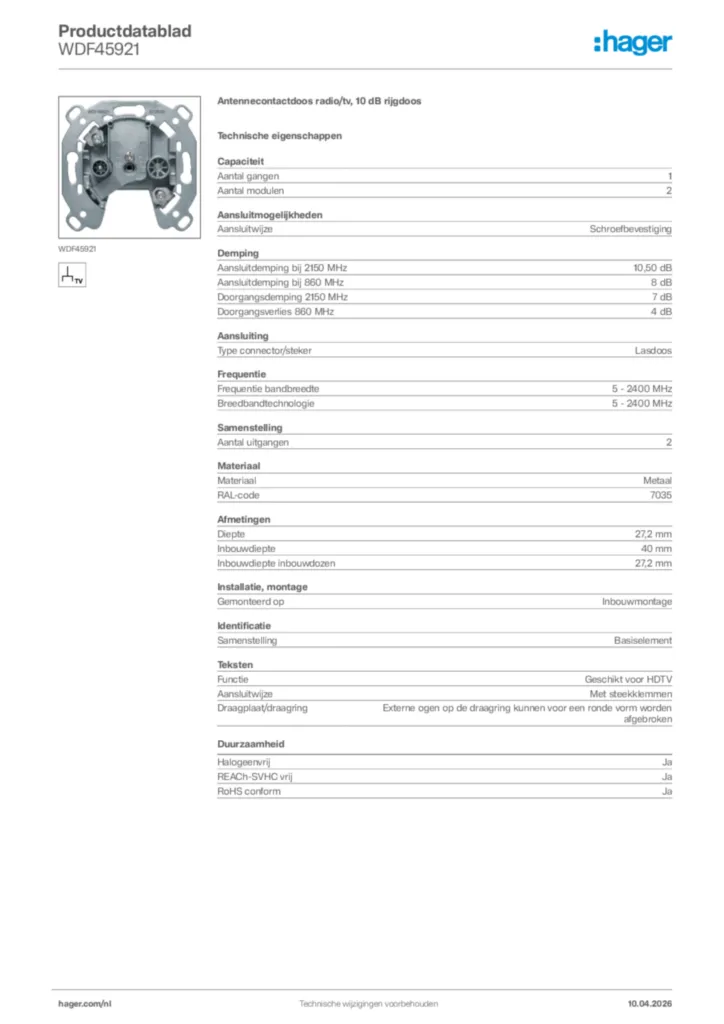 Afbeelding Hager Productdatablad WDF45921 | Hager Nederland