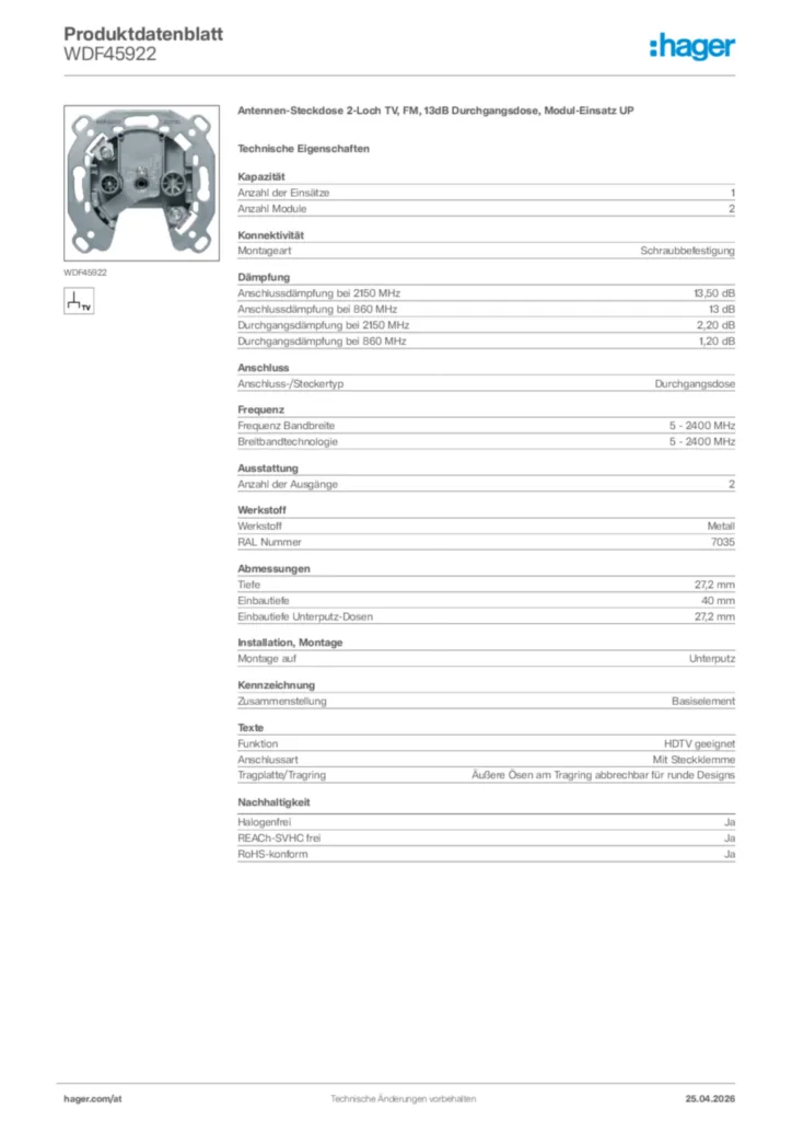 Bild Hager Produktdatenblatt WDF45922 | Hager Deutschland