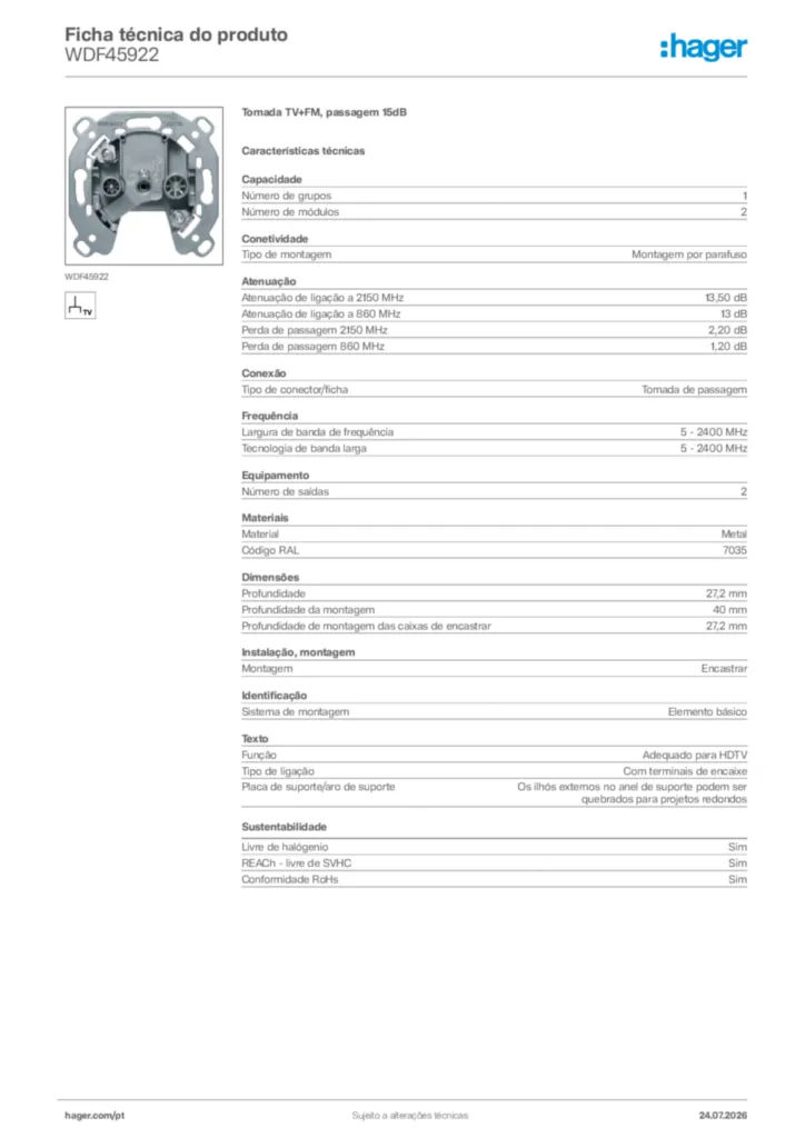Imagem Hager Ficha técnica do produto WDF45922 | Hager Portugal