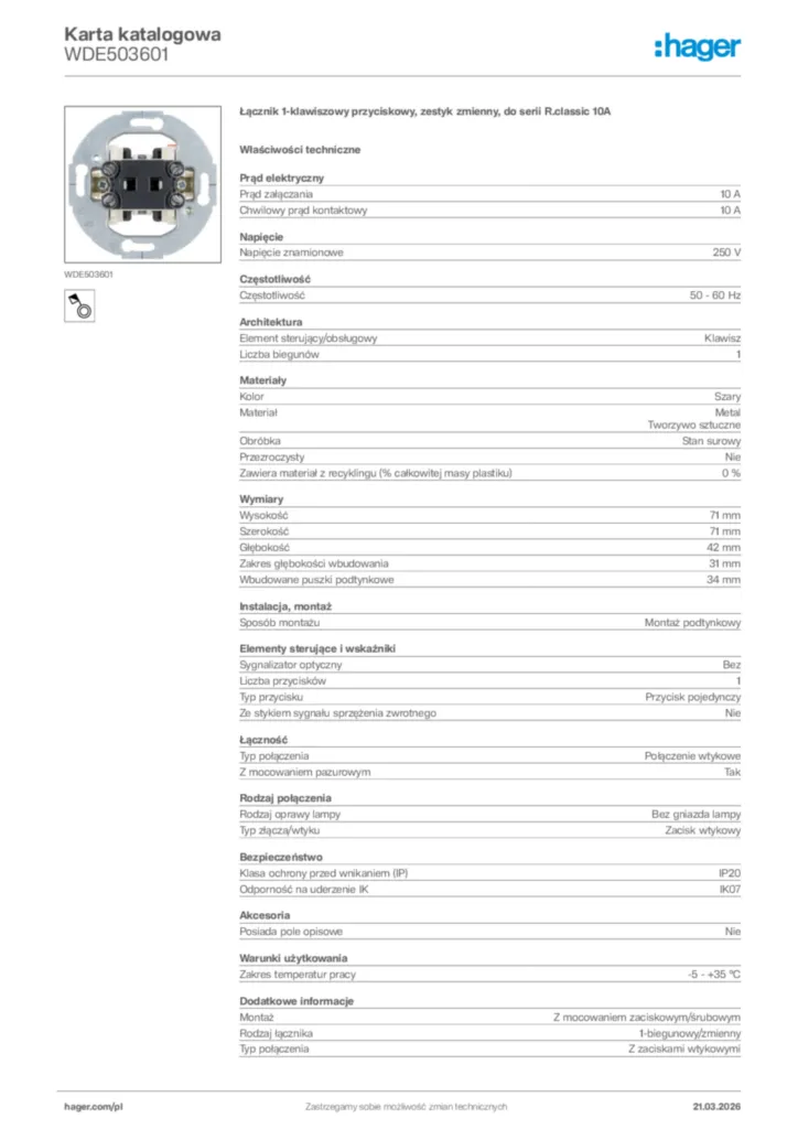 Zdjęcie Hager Karta katalogowa WDE503601 | Hager Polska