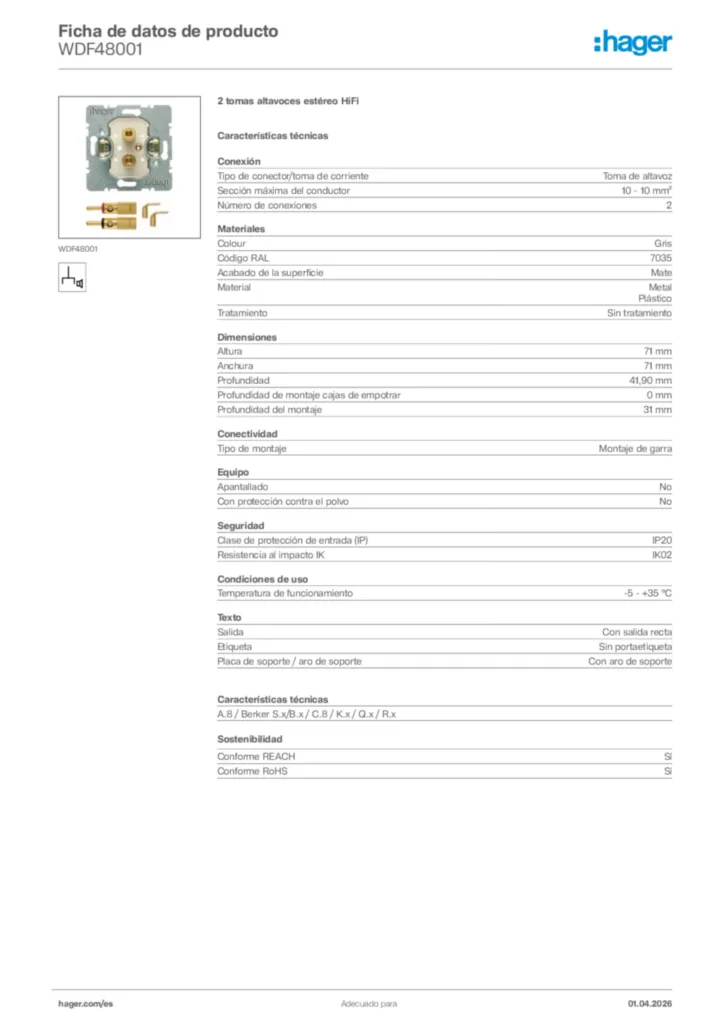 Imagen Hager Ficha de datos de producto WDF48001 | Hager España