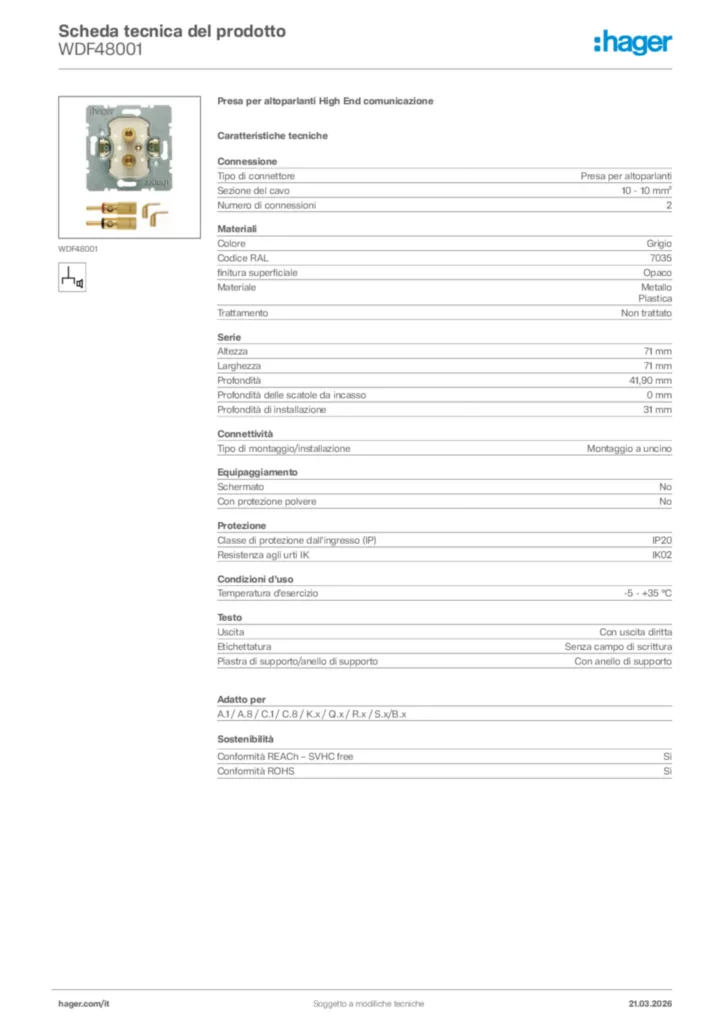Immagine Hager Scheda tecnica del prodotto WDF48001 | Hager Italia