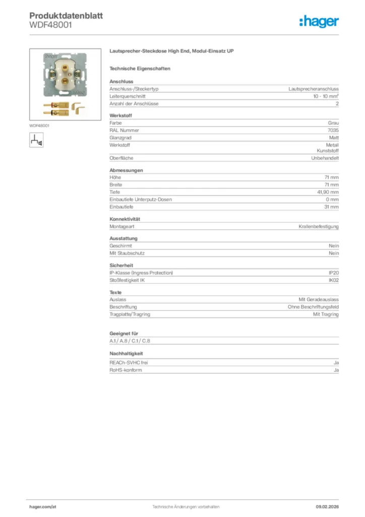 Bild Hager Produktdatenblatt WDF48001 | Hager Deutschland