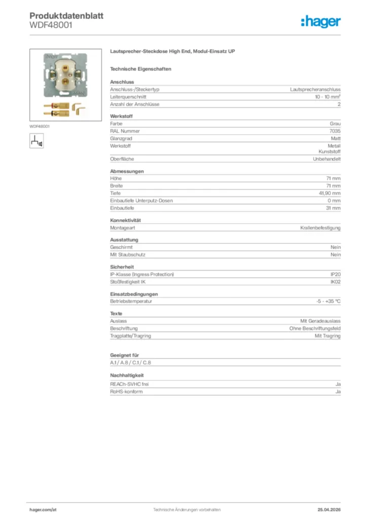 Bild Hager Produktdatenblatt WDF48001 | Hager Deutschland