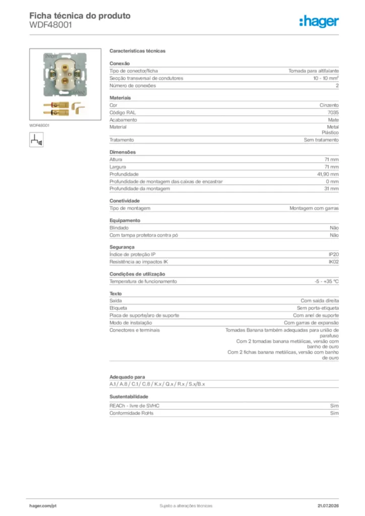Imagem Hager Ficha técnica do produto WDF48001 | Hager Portugal