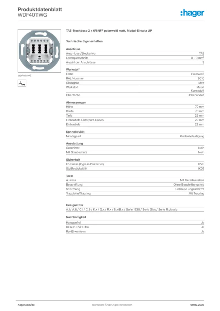 Bild Hager Produktdatenblatt WDF4011WG | Hager Deutschland