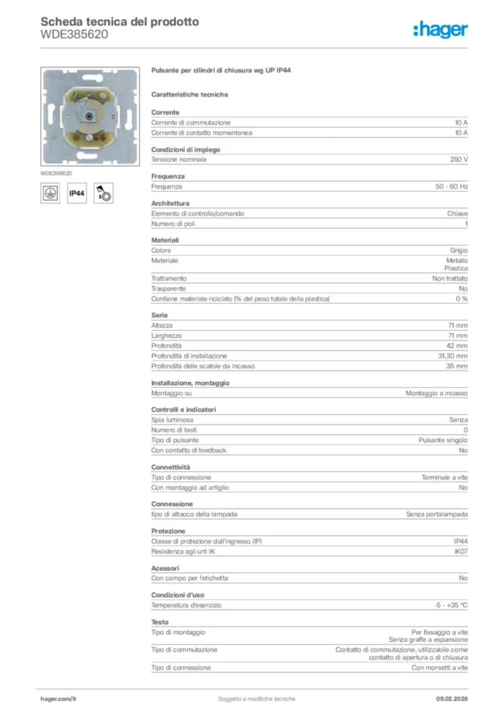 Immagine Hager Scheda tecnica del prodotto WDE385620 | Hager Italia