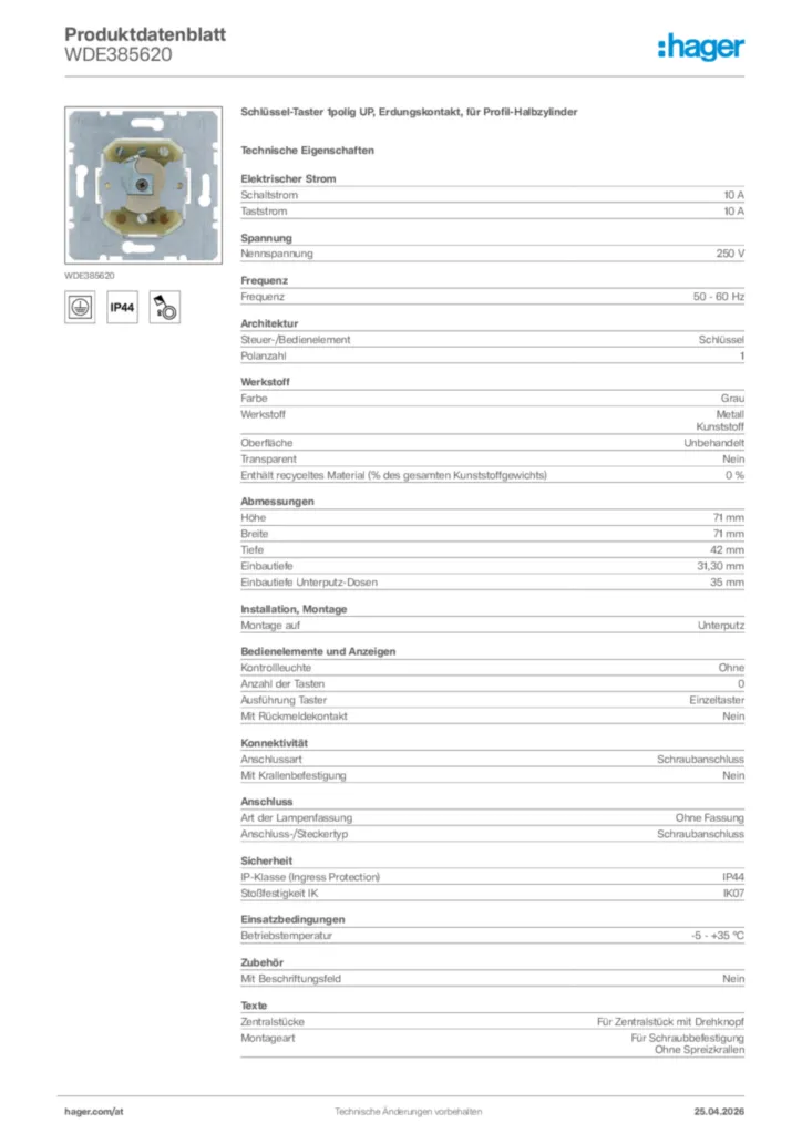 Bild Hager Produktdatenblatt WDE385620 | Hager Deutschland