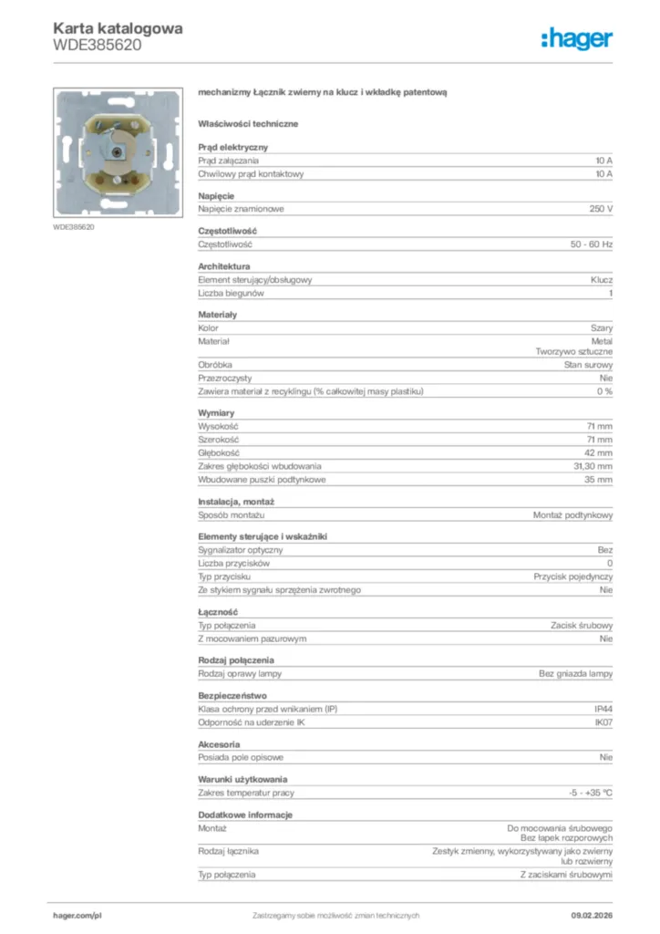 Zdjęcie Hager Karta katalogowa WDE385620 | Hager Polska
