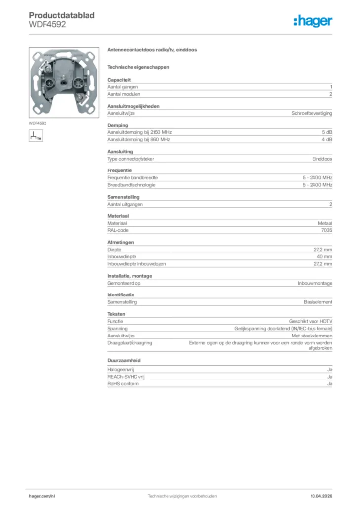 Afbeelding Hager Productdatablad WDF4592 | Hager Nederland