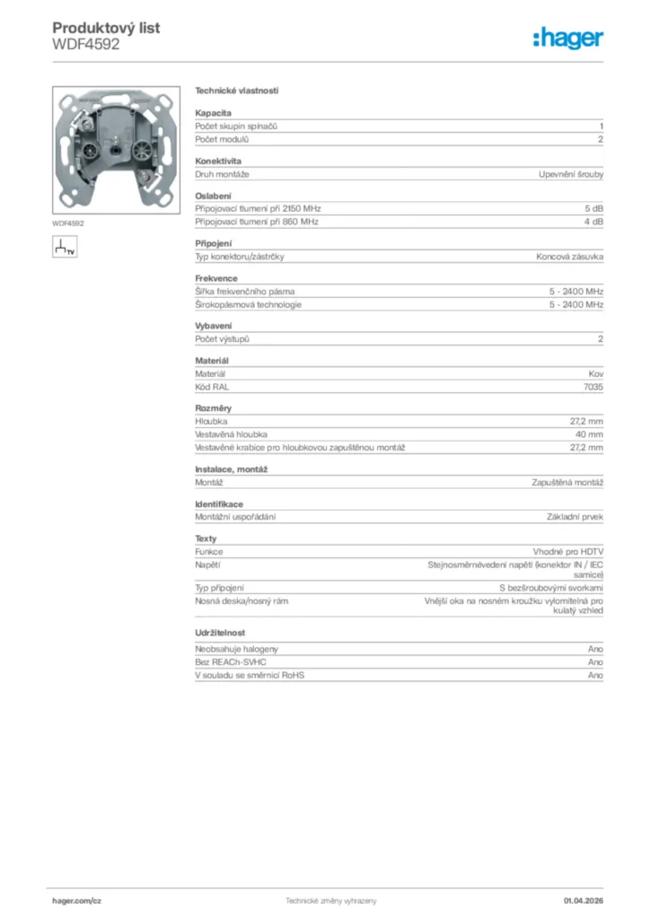 Obrázek Hager Product data sheet WDF4592 | Hager