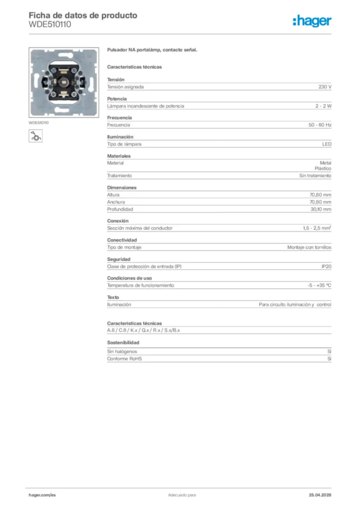 Imagen Hager Ficha de datos de producto WDE510110 | Hager España