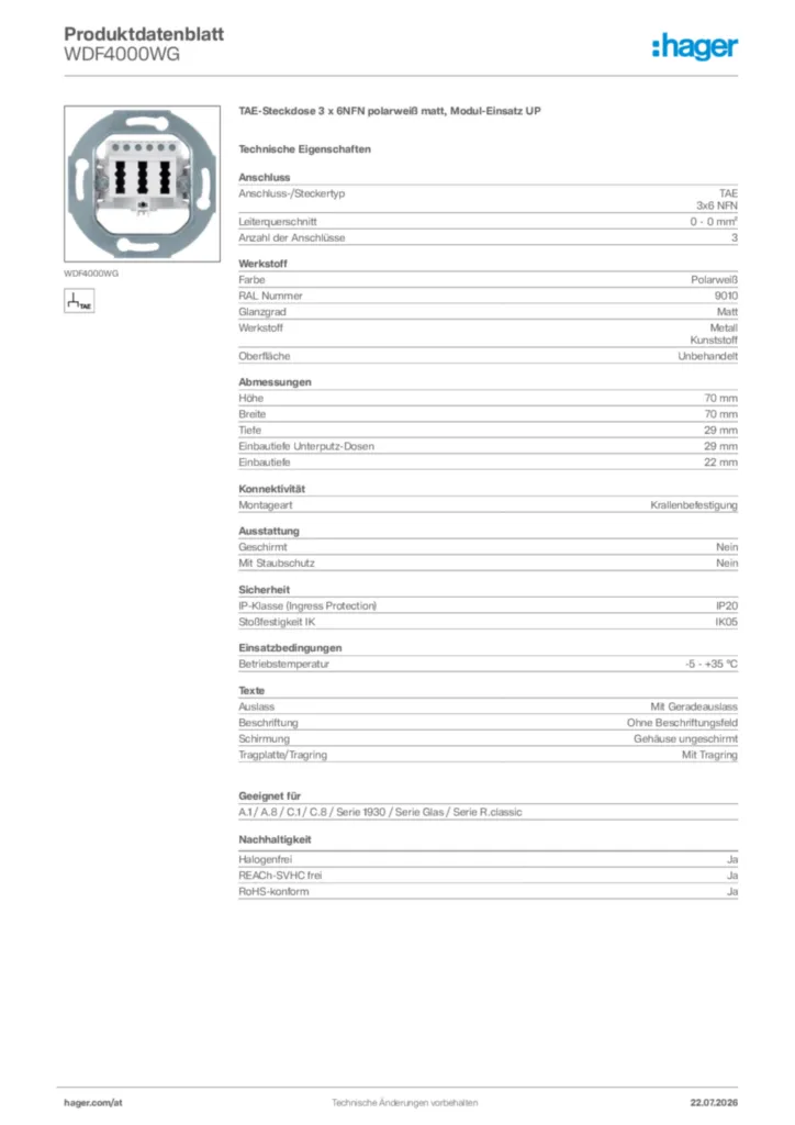 Bild Hager Produktdatenblatt WDF4000WG | Hager Deutschland