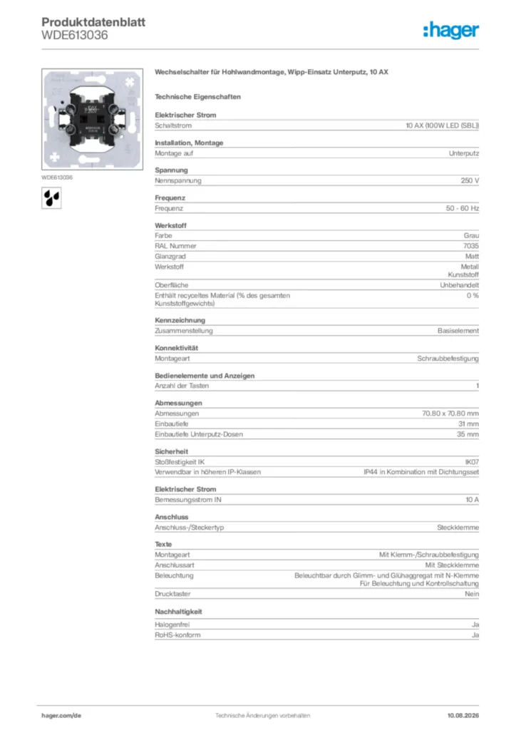 Bild Hager Produktdatenblatt WDE613036 | Hager Deutschland