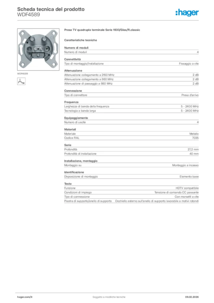 Immagine Hager Scheda tecnica del prodotto WDF4589 | Hager Italia