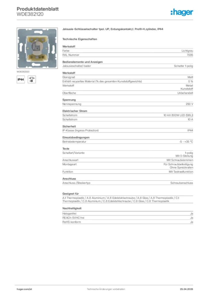 Bild Hager Produktdatenblatt WDE382120 | Hager Deutschland